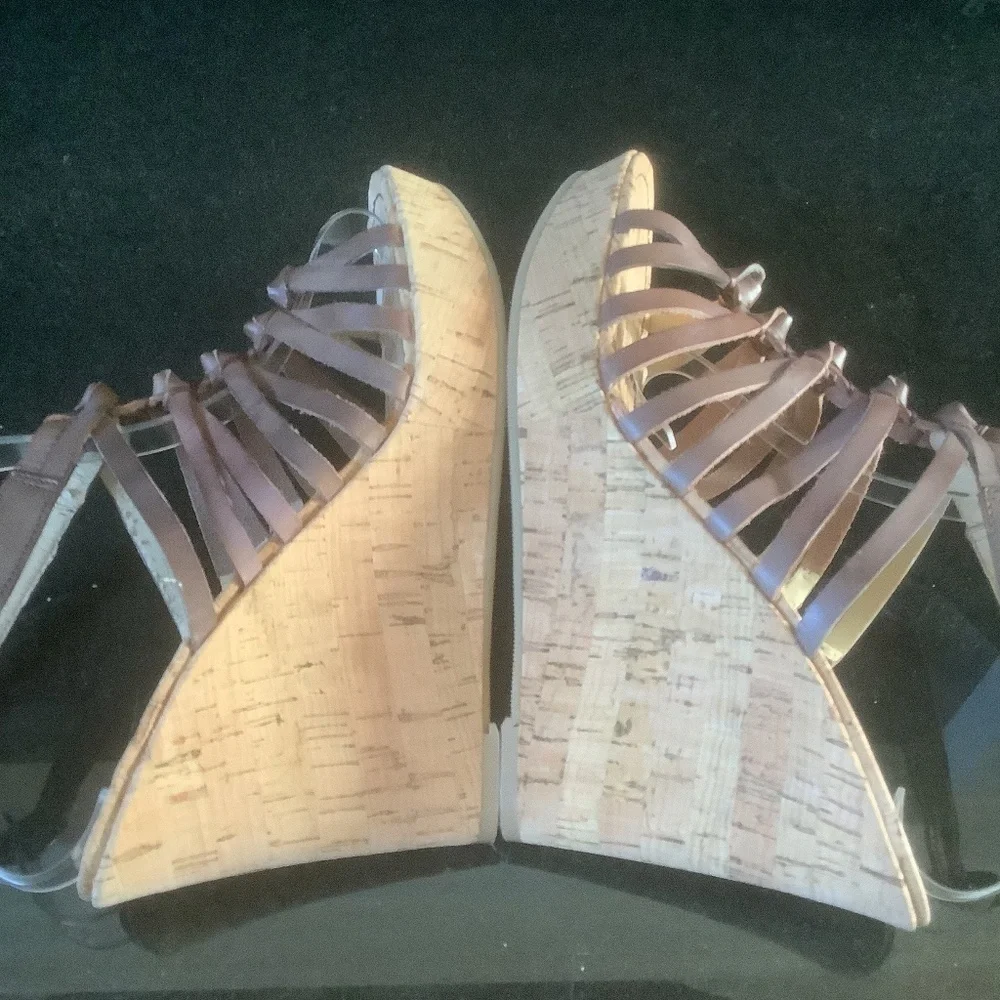 NEW Marc Fisher MFCARNIE Leather Cork Wedge Ankle‎ Strap Sandal Sz 10